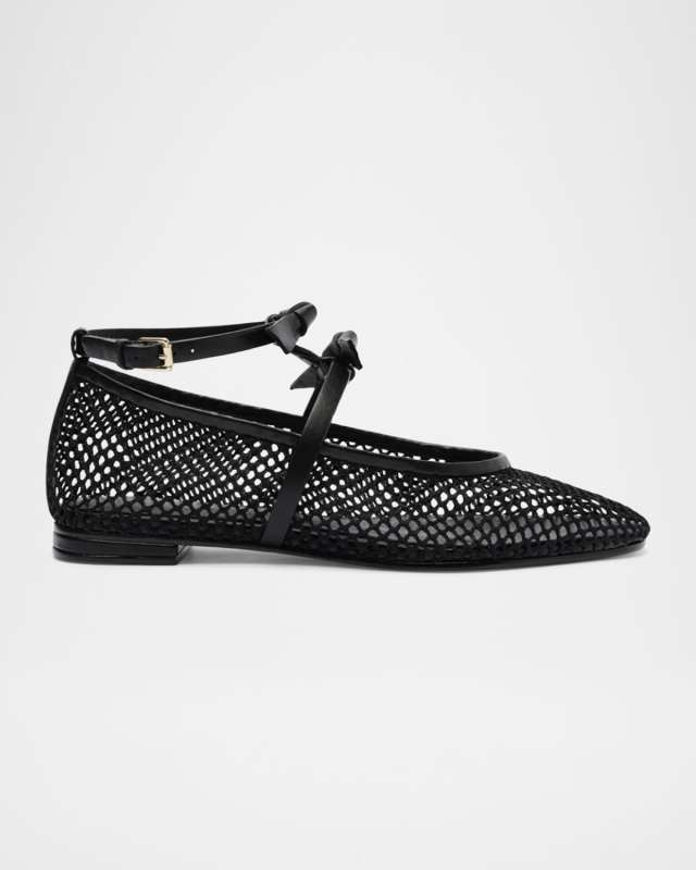 Slim Clarita Bow-Strap Fishnet Ballerina Flats